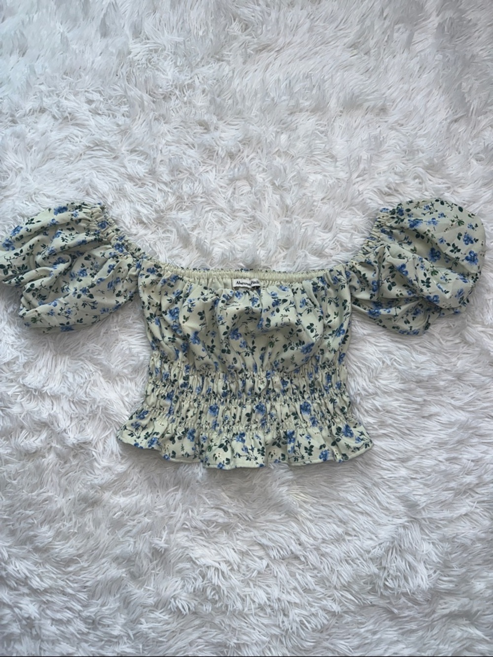 Abercrombie & Fitch Cream Puff-Sleeve Smocked Floral Top with Blue Print